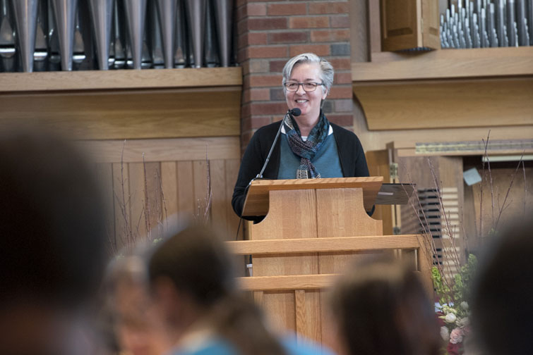 Provost Karen Kaivola speaks at a podium